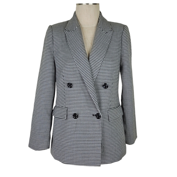Vince Camuto Double Breasted Houndstooth Blazer Size 6 Flap Pockets Black White - Picture 1 of 10